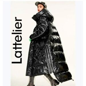 NWOT LATTELIER DOWN FILLED Black SHINY Puffer FULL LENGTH Coat for Women SZ.L